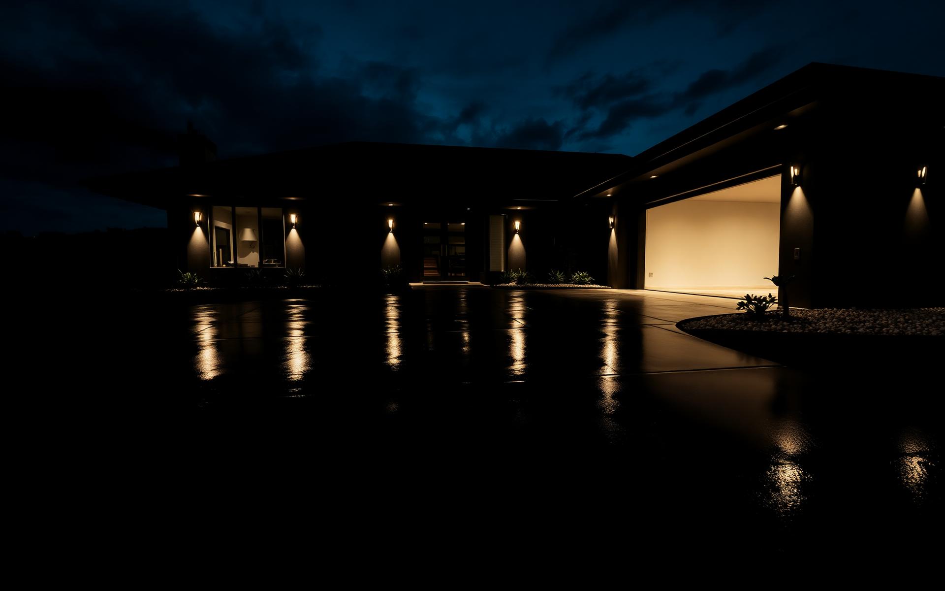 Freshly pressure-washed driveway of a modern Sydney home at dusk